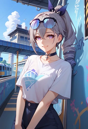 star rail,silver wolf,crop graffiti tee,dolphin shorts  - AI generated anime art